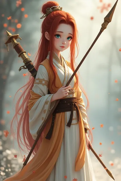  The adopted little daughter of Wenty and xiao in li yue from Genshin, as tall as yaoyao , Age s,  long chestnut-red hair ,  blue eyes , white skin,  character cold , calm,  serious and upbringing is the most in xiao , weapon: spear and bow 