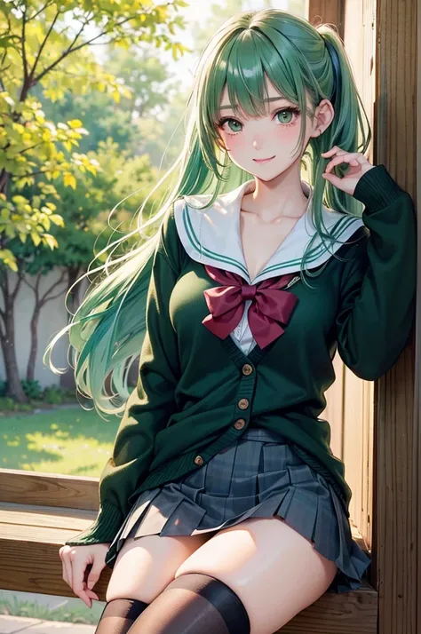 ( Best Quality, Hi-Res,8k,inelity detailed background, Masterpiece:1.2), Beautiful Girl,(Shiny green hair:1.3),(long hair:1.2) ,pony tail,Beautiful green eyes,autumn,school uniform,black cardigan,skirt,panties,black tights,(zettairyoiki:1.2),Gentle look,A ...