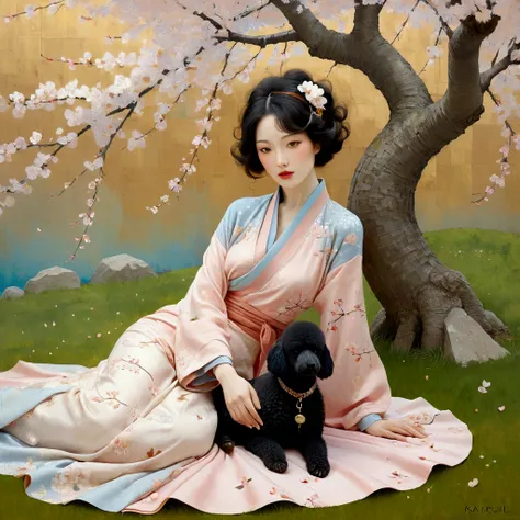 naive art Magical realism Surrealism Richard Burlet Jamie Heiden. A European woman, dressed in ochre and blue summer clothes, lying peacefully under a blooming cherry tree in a beautiful Japanese garden, is sitting on a lawn with her black dwarf poodle and...