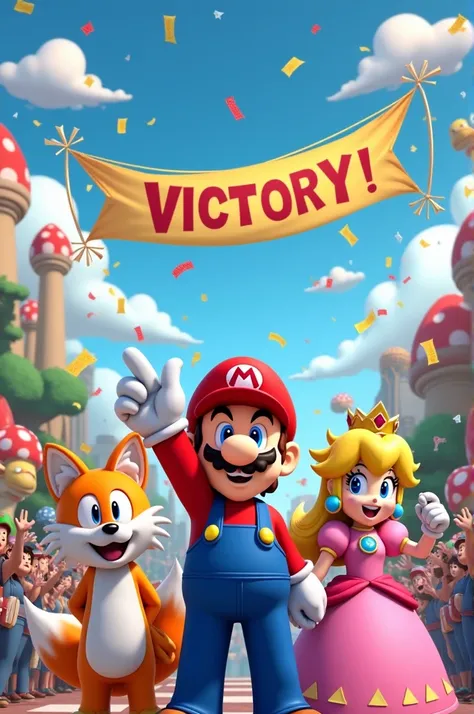  Upon returning to Pixelandia ,  everyone celebrated their victory. mario, The Princess and Tails .