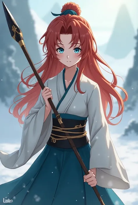  Wenty and xiaos adopted little daughter in li yue from Genshin, as tall as yaoyao , Age s,  long chestnut-red hair ,  blue eyes, white skin,  character cold , calm,  serious and upbringing is the most in xiao , weapon: spear and bow , looks like a fightin...