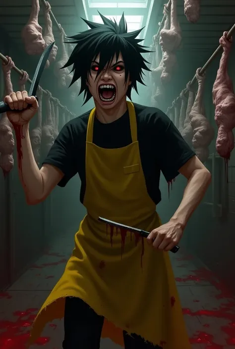 An image of an emo ,  with hair like Sasuke Uchiha , with simple vampire fangs  , red eyes laughing out loud ,  with a yellow apron  , with a black t-shirt , with a ham knife in their hand surrounded by mutilated people impaled upside down in a slaughterho...