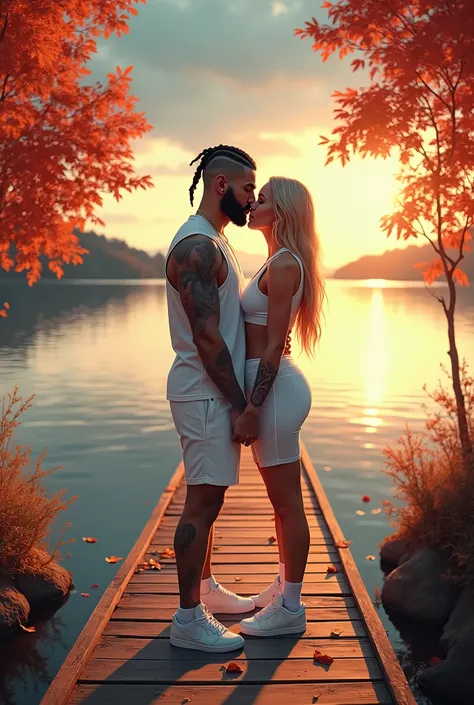  shows a couple in love above a wall At . on the shore of a Lake at dusk believe me An image as described in love couple rough man with black hair shaved on the sides with braids brown eyes thick lips athletic body masculine energy and sexy defined chin tr...