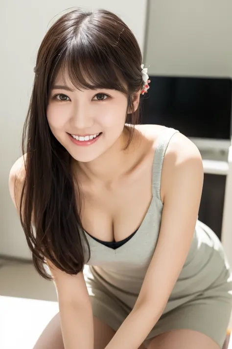 masterpiece, Photo quality,  Japanese Mature Woman ,  beautiful eyes, fine facial expression,  shirtless, Cotton Tight Skirt, (Updo: 1.2), (smile: 1.4), bangs, (Droopy eyes,  gentle eyes : 1.3), Beautiful skin-colored thighs,  office,  full light,