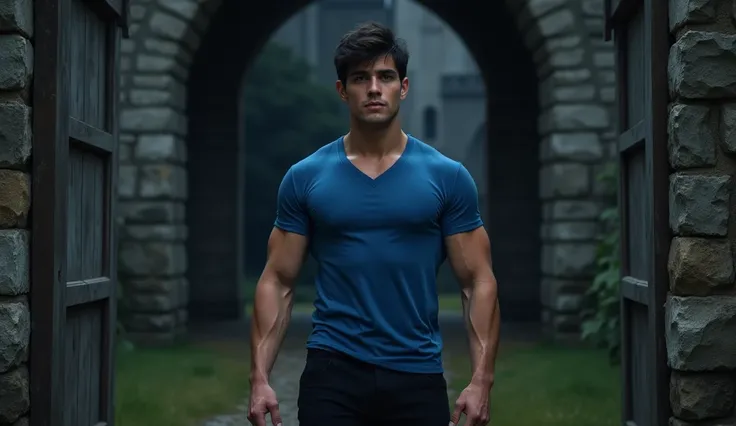   A young, handsome man with a muscular build stands at the entrance of a dark, ancient castle. The young man is tall, with a muscular, athletic build that reflects his strength. His face is chiseled, with high cheekbones and a strong, defined jawline that...