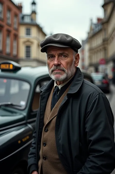 "Generate an image of a 40-year-old British hack driver, standing next to an old-fashioned London taxi. He has a rugged yet approachable look, with short, slightly graying hair, a stubbled chin, and weathered features that suggest years of working in the c...