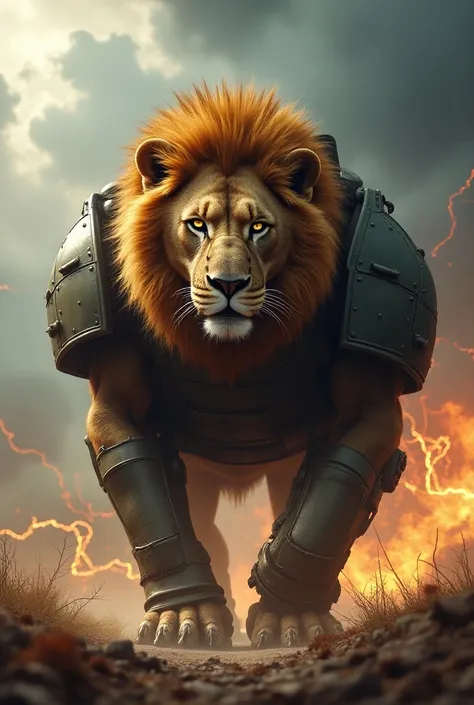 Create a hybrid image that seamlessly combines a military tank and a lion . dynamic angles to highlight their blend. danger background. Focus on vibrant colors and dynamic angles to highlight their blend.danger background. Give me shape like tank but look ...