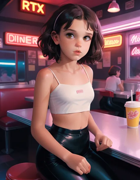 a young millie bobby brown, revealing skimpy cotton pale crop-top and tight shiny black leggings, working in a diner in the 1980...