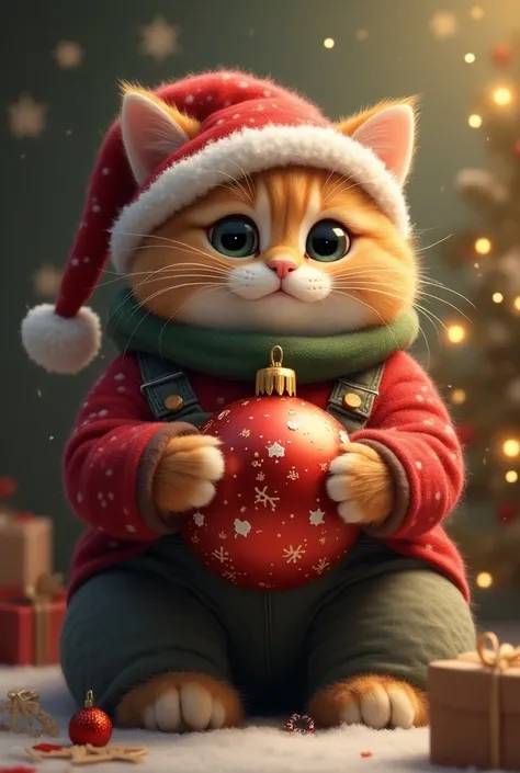 Begaal  fluffy cat with dots wearing a Christmas sweater with hat, scarf and overalls and sittin And holding a big Christmas ball in his hand background Christmas 