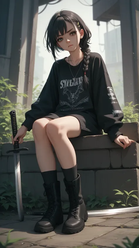 A girl with 2 braid wearing a black long sleeve  t-shirt and miniskirt long socks and black boots4 necklaces holding a machete