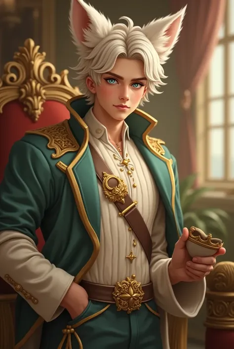 man, age 18,  with white fox ears,  short white curly hair , prince clothing , crown of prince,  cute facial features ,  blue eyes 