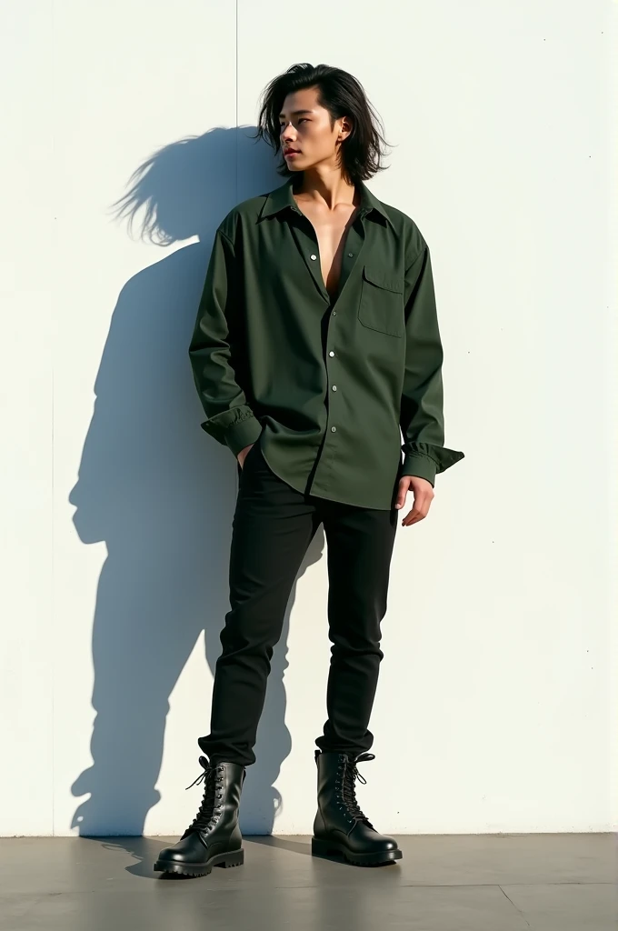  A full-bodied Asian man has long hair around his ears what he looks like, I dont know how Idol from K-pop has a dark green shirt, long sleeves, tight black pants and military boots in black. The background of the wall is white and the shadow of the man is...