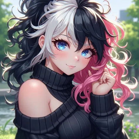 Screenshot of My Hero Academia: A very beautiful anime girl who seems to have the beauty of an excessively beautiful divine Greek goddess, with beautiful long, wavy hair, half white and half black, with p pink tips and pink tips. beautiful blue eyes, light...