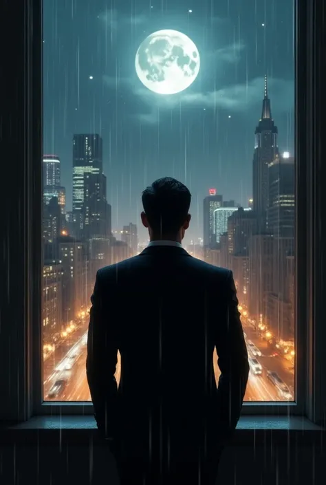 Image of a stylish MC man watching a city illuminated with rain through the window, a city with a beautiful moon and stars  