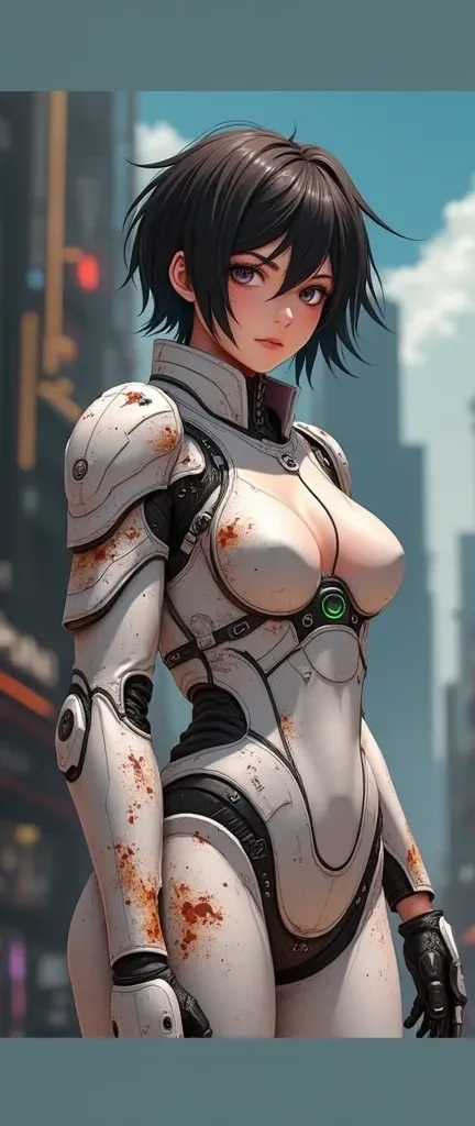 Cyberpunk female warrior in a futuristic armored suit, white color scheme with visible wear and tear, scratches, and dents, showing signs of battle. The suits sleek and polished metallic finish is partially worn down, with exposed mechanical elements and s...