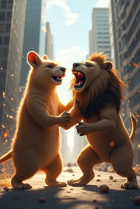 A capybara with powers fighting a villainous lion in a city 