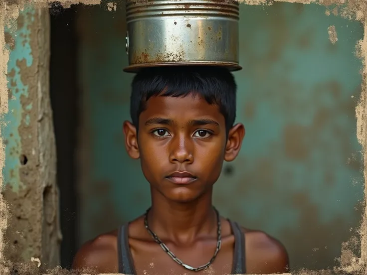  A portrait of a 17-year-old black Brazilian boy, Rectangular face, long flat nose ,  carrying a tin can on his head .  The image is aged by the action of time .