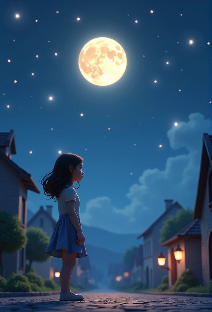 The Moon with a serene face, glowing softly as it looks down at Juliana. Stars begin to appear in the night sky, twinkling like tiny jewels, pixzr style 3d render, village background