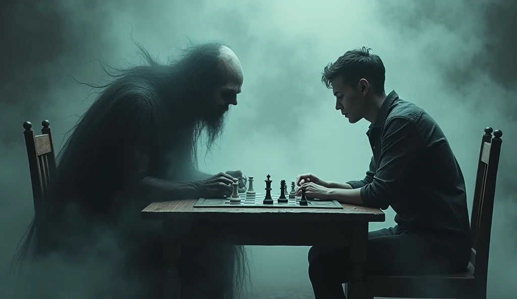 An eerie scene depicting an undead figure with a gothic appearance, hovering in a misty, cloud-filled atmosphere, playing chess against a human at an old, wooden table. The undead, with hollow eyes and spectral features, looks down at the human while manip...