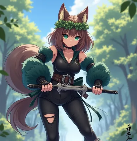  Create me a demi girl in anime style ,She has medium-length brushed brown hair , of which part left and right is made into a pointed bun with wolf ears and a light blond strand. she is wearing a black upper part , black green long finger gloves ,green fur...