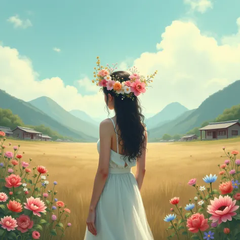 "Create a realistic, ancient-themed scene under an open sky, capturing a distant view of a woman standing alone with her back turned. The setting is a serene, open landscape, with ancient-style houses scattered around, evoking a timeless, rustic charm. The...