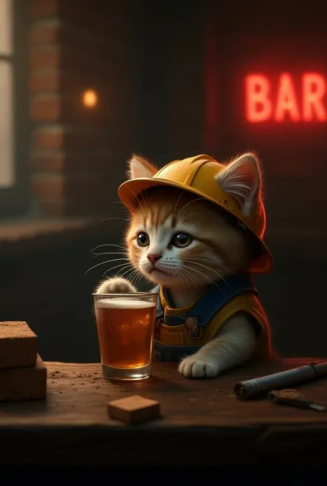 A kitten bricklayer in a bar drinking sad 