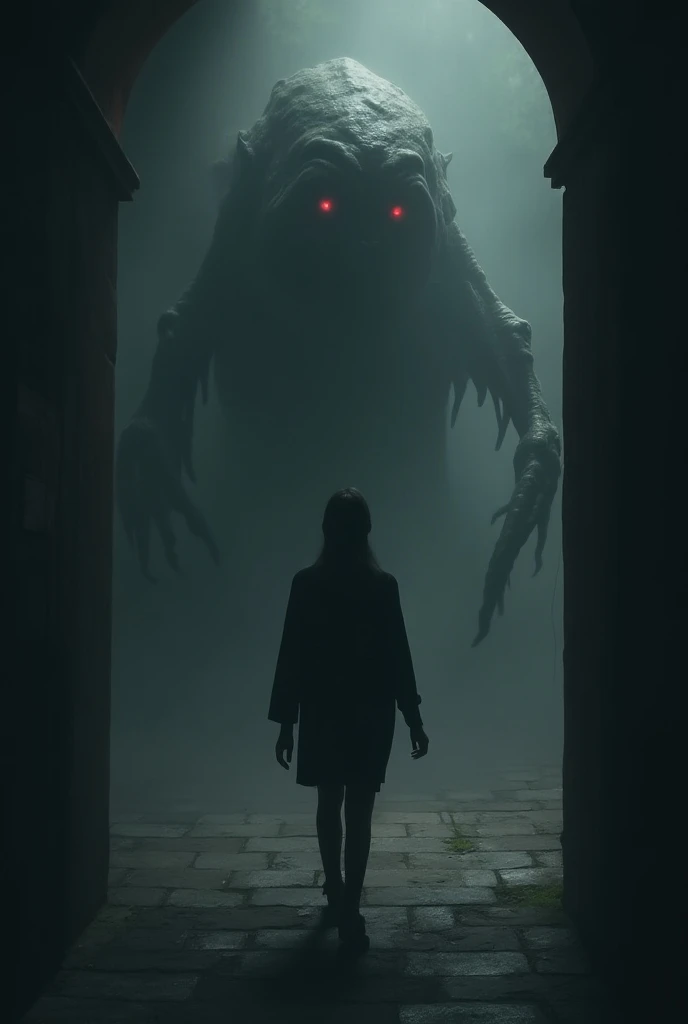 Make an image of a lovecraft-style creature stalking ren from the shadows while a  unknowingly walks towards the realistic one with gray or black colors where the only colors are ren 