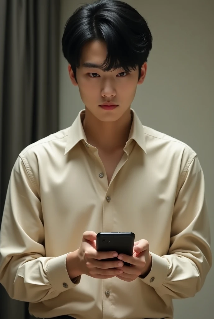 Korean guy , heir , student.  black hair ,  red eyes. Indifferent and elegant .  Beige shirt on the body, phone in hands