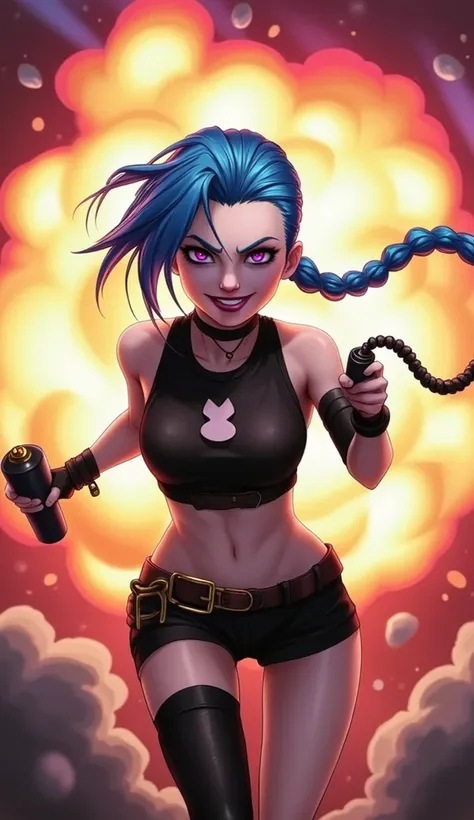  anime style, full body shot of jinx, running fast from a blast with an ominous smile on her face, holding bomb detonator in hands, in the background a huge colorful explosion that she caused