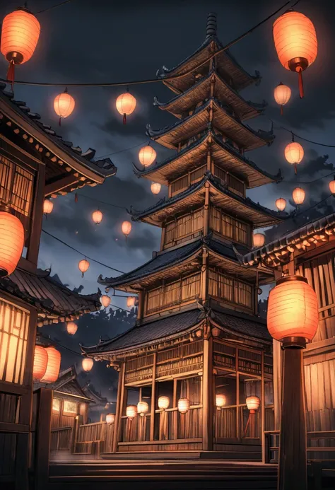 A large wooden tower erected at night,  with three lanterns placed on three wooden poles 