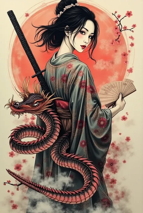 Create tattoo design of a warrior geisha with a katana on her back and a fan in her hand,And a dragon around her body