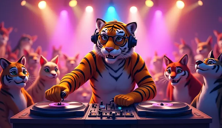 A cool DJ setup is shown with DJ Tiger on the decks, wearing headphones and glasses. DJ Tiger’s paws work the turntables, as animals crowd around the “stage” to watch the performance. Bright, colorful spotlights highlight the energy and give a concert-like...