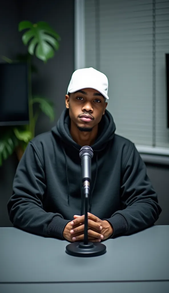 a young nigerian guy, wearing a white skullcap and a thick designer hoodie, sitting perfectly centered in front of a grey desk w...