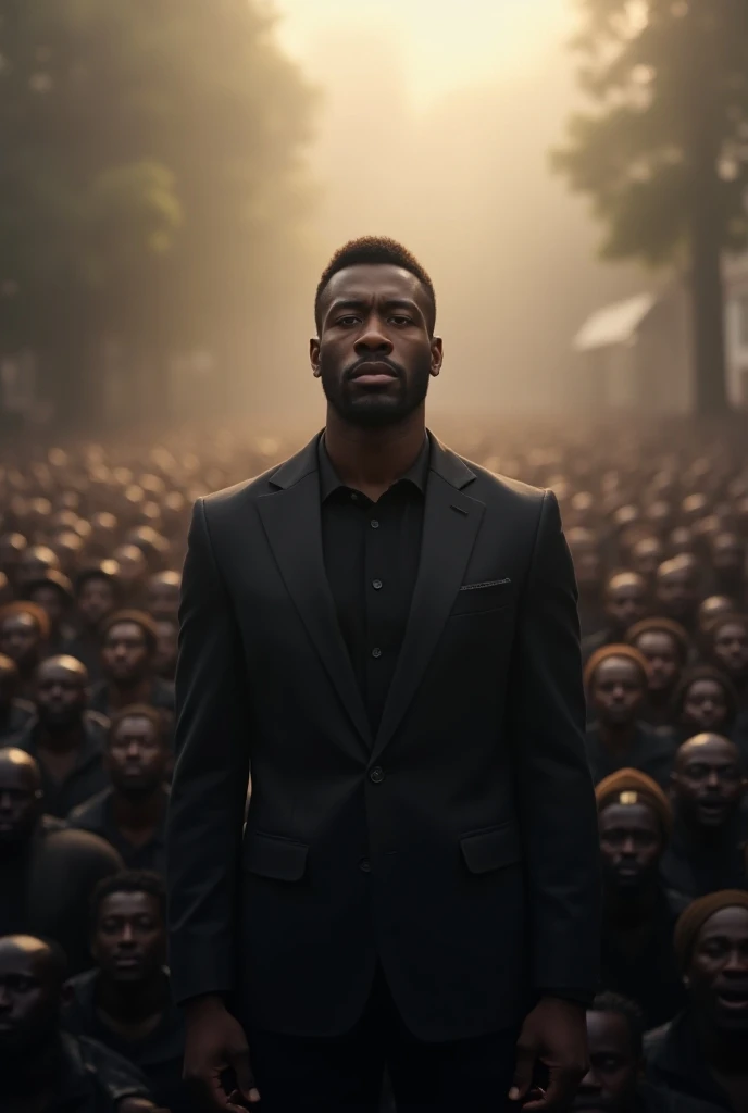 One black man standing in front of the mass black people as a hero 