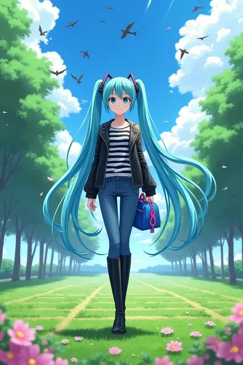  hatsune miku.  anime girl, 19 years old, long hair, straight hair, blue hair, sweet look,  looking at the viewer , smile, dynamic pose,  clear and green scenery , square, uma square com flores e grama,  black and white clothes , striped clothes,  jeans, h...