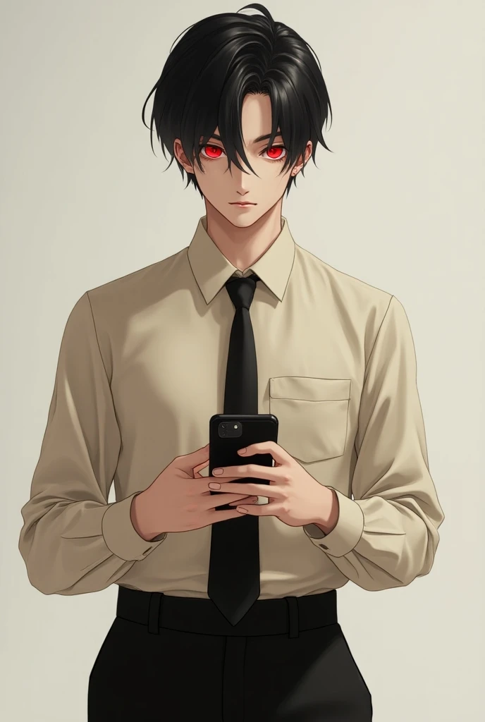 art.  A guy with black hair and red eyes. strict, Indifferent and elegant .  detailed. phone in hands,  beige shirt and black pants on his body . student, rich heir . 