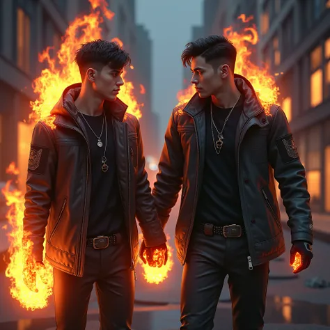  Two male friends , , one of a gothic appearance and wearing techwear and the other of a streetwear appearance.  They have the gift of generating and manipulating fire at their will .  In the scene each one generates an igneous aura around them . Hard look...