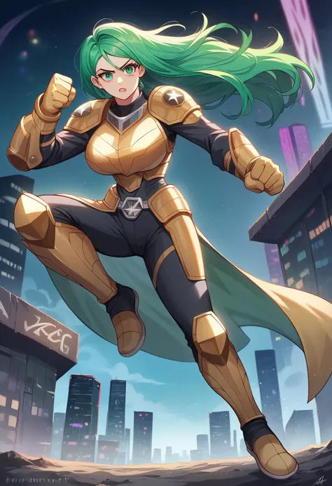 (masterpiece, 4k resolution, Ultra-realistic,  very detailed ), (Knights of the Zodiac Theme,  charismatic, There is a kitten at the top of the city ,  wearing golden armor Sagittarian Knight, she is a superhero), [ ((43 years old), ( long green hair :1.2)...