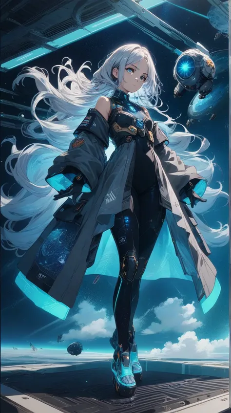 A confident anime-style girl with long, flowing silver hair and piercing blue eyes, dressed in a sleek, form-fitting white and gold space suit adorned with holographic panels on the arms and chest. Her outfit has delicate armor plates on the shoulders and ...