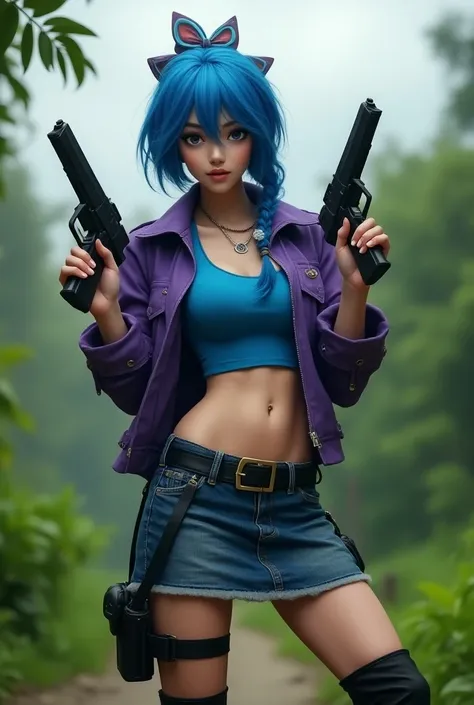 blue hair with a side braid and bow, purple jacket, blue crop top, denim mini skirt, black knee-high boots, utility belt, dual-wielding guns, standing confidently, looking forward, fair skin, vibrant outdoor setting, lush greenery, overcast lighting, actio...