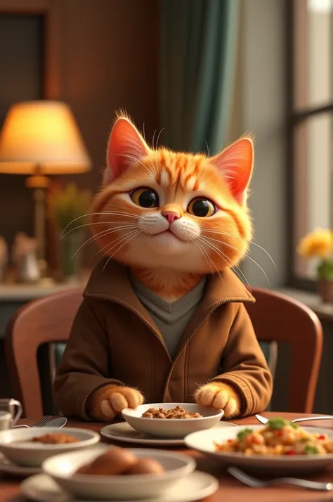 Generate a high quality 3D image:An orange cat wear a brown jacket and sit down on chair and many dishes are on table and that cat was eating inside the hotel 