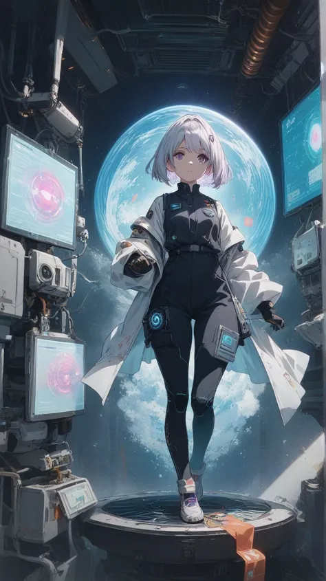 A futuristic space scientist anime girl with short silver hair and violet eyes, wearing a lab-inspired space suit with intricate holographic elements. She is standing inside a high-tech laboratory with stars and galaxies visible through a large transparent...