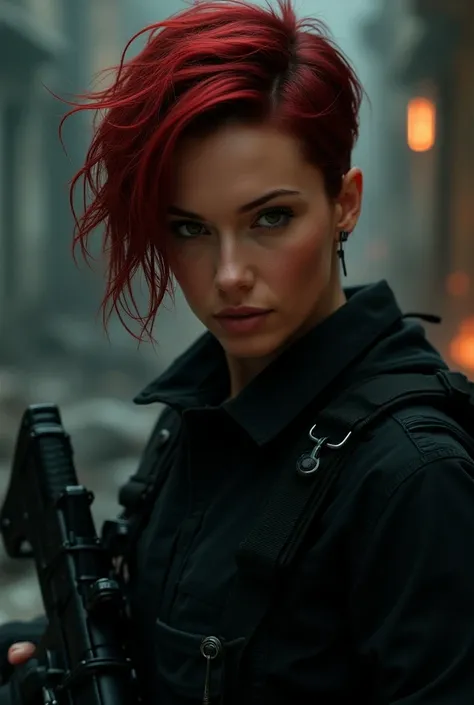 In this captivating image, the central female character (Scarlett Johansson, beautiful face), red straight short hair, exudes Confident Call of Duty operator, wearing full delta force black tactical gear, Armed with an AR-15, Combat pose, (Battle scene bac...