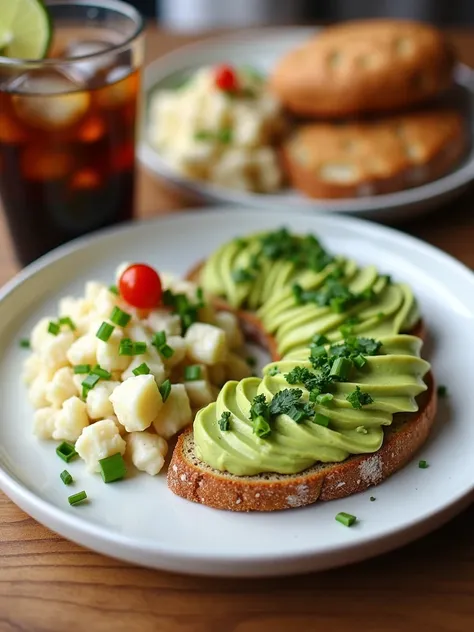 Realistic close-up of a cafe table setup. On a white plate, there are several slices of whole-grain bread topped with a smooth layer of green avocado spread, garnished with fresh herbs. Beside the bread, theres a serving of creamy potato salad with chopped...