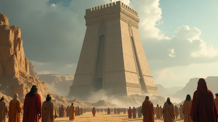 Image of the Tower of Babel mentioned in the Bible; biblical background; everyone wears biblical clothing;