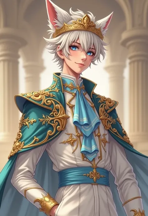 man, age 18,  with white fox ears,  short white curly hair , prince clothing , crown of prince,  cute facial features ,  blue eyes , slim and fit body