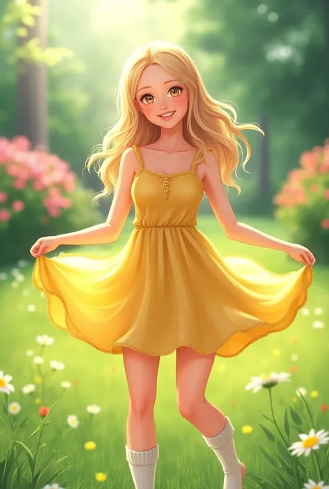 Lreal8ctic Blonde lady knee high socks,sundress,,:0.9,exposed ,outdoors,sunhat,sunny day,natural lighting,cute girl,cute smile,garden scenery,vibrant colors,playful pose,recreational environment,soft breeze,grass field,flowerbed,relaxed atmosphere,gentle s...