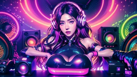 fragment of the masticator muscle 、supermarket、 surrealism、beautiful female artist in dj suit with black top and  headphones、dj ...