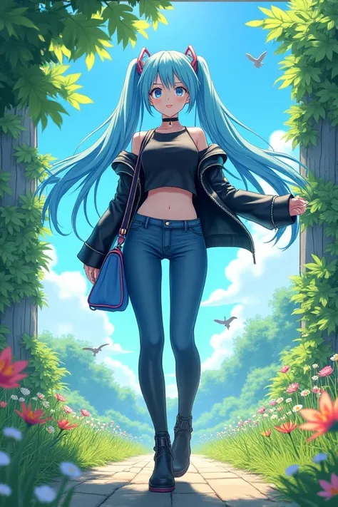  hatsune miku. anime girl, 19 years old, long hair, straight hair, blue hair, sweet look,  looking at the viewer , smile, dynamic pose,  clear and green scenery , square, uma square com flores e grama,  black and white clothes , striped clothes,  jeans, hi...