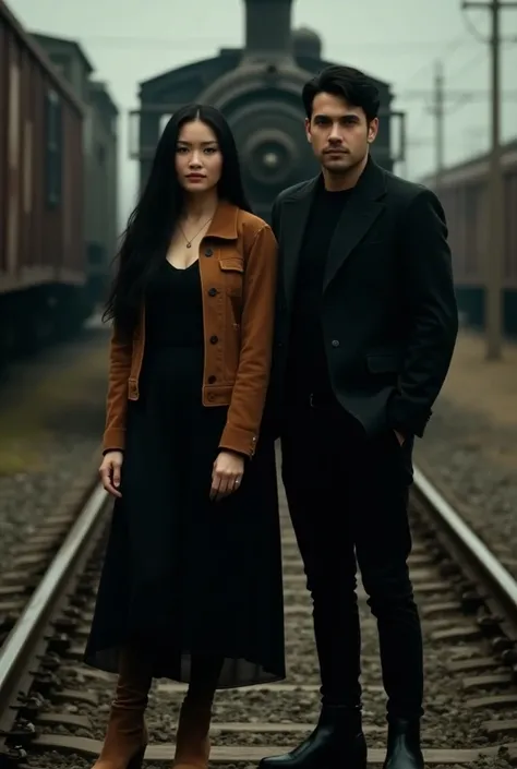  cinematic of a woman with black long hair,  wears black dres wears brown suede jacket ,  wearing brown suede shoes ,   standing with black-haired man ,wearing a black jacket, black shirt,  black pants black booot chealse shoes , look at the camera directi...